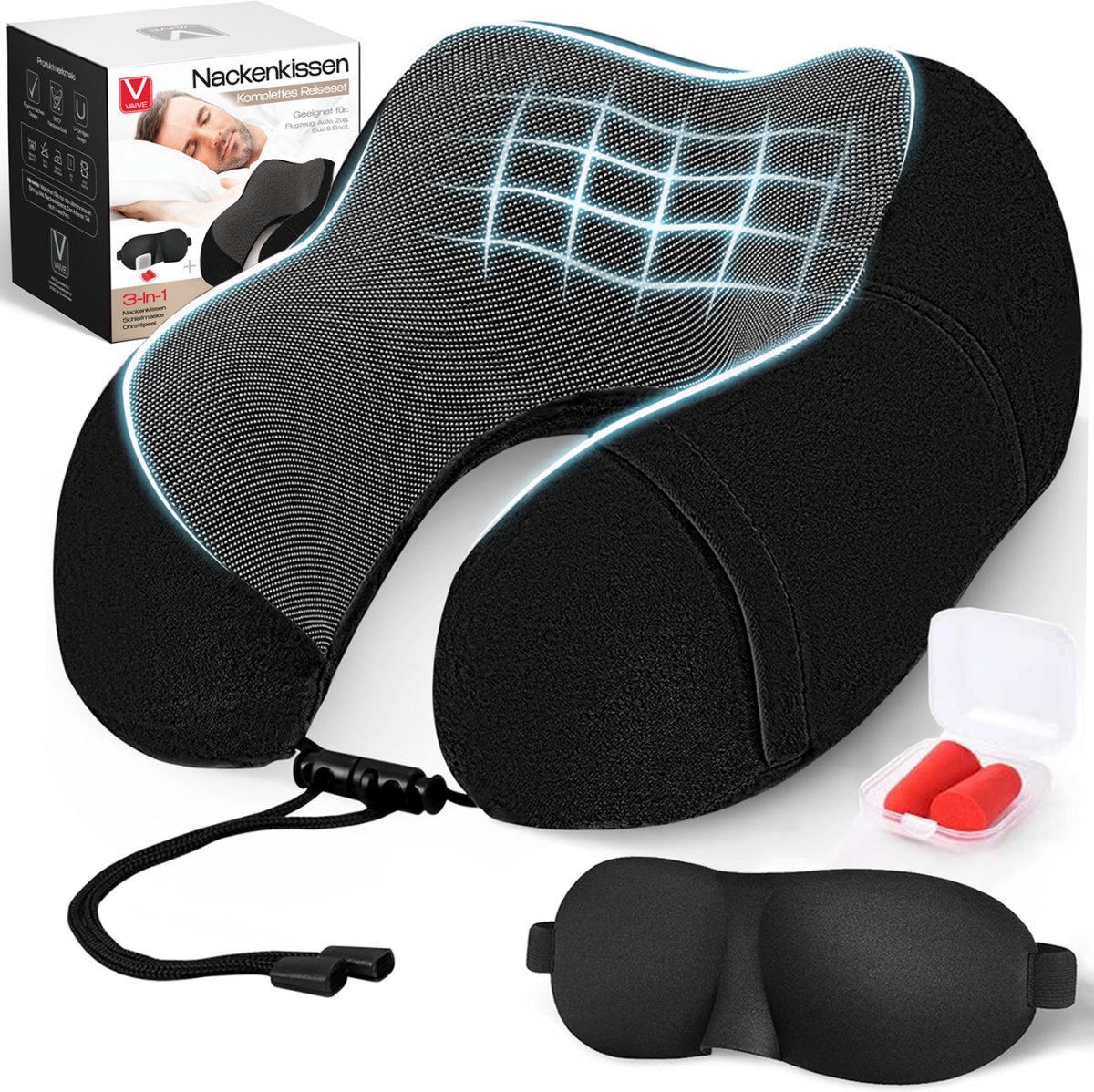 VAIVE Comfort Nekkussen Vliegtuig & Auto - Optimaal Support - Memory Foam - Reiskussen - Plus Slaapmasker & Oordopjes op Prijzenvolger.com
