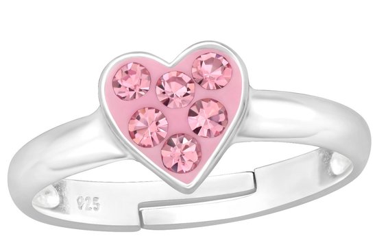 Joy|S - Zilveren hartje ring - verstelbaar- roze hartje - kristal - voor kinderen