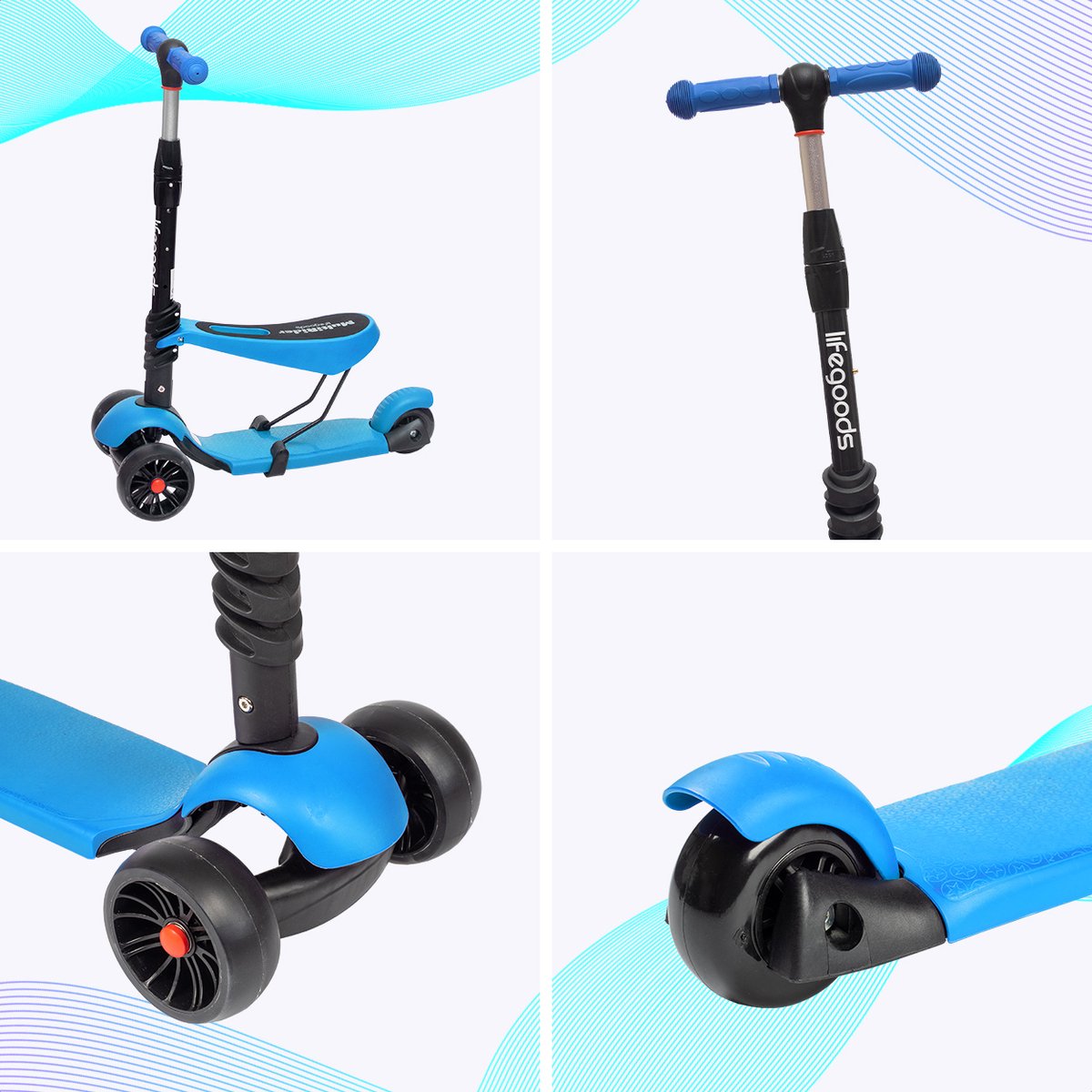 LifeGoods MultiRider Kinderstep - Step 3-8 Jaar - Hoogte Verstelbaar Zitje - Lichtgevende LED Wielen - Jongens/Meisjes - Blauw — afbeelding 7