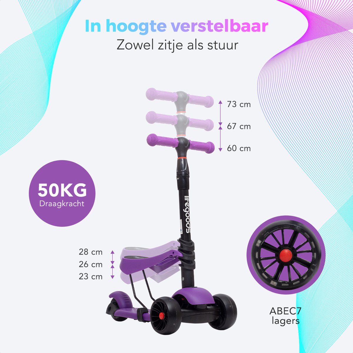 LifeGoods MultiRider Kinderstep - Step 3-8 Jaar - Hoogte Verstelbaar Zitje - Lichtgevende LED Wielen - Jongens/Meisjes - Paars — afbeelding 7