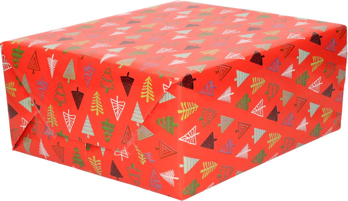 Bellatio Decorations Luxe Kerst inpakpapier - cadeaupapier - 1x rollen - rood - Christmas Trees - 250 x 70 cm
