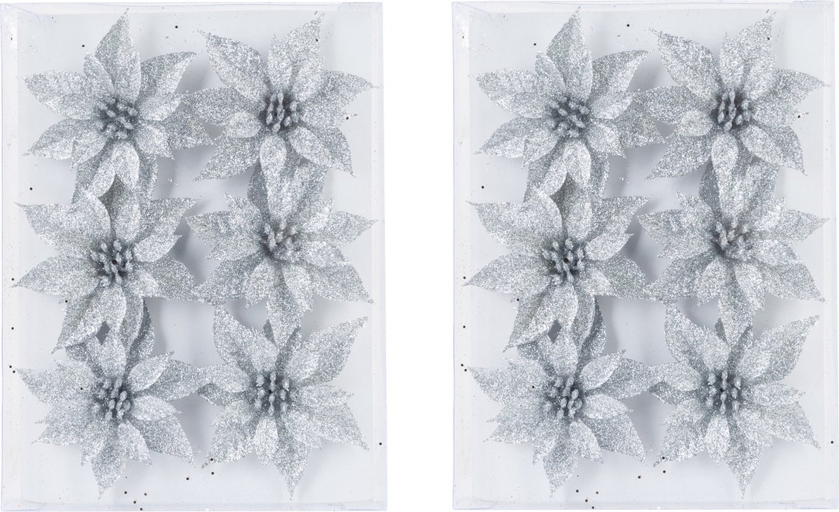 Cosy & Trendy 12x decoratie bloemen rozen - zilver glitter - ijzerdraad - 8 cm - kunststof