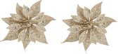 2x stuks decoratie bloemen roos champagne glitter op clip 10 cm - Decoratiebloemen/kerstboomversiering/kerstversiering