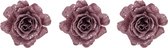 4x stuks decoratie bloemen roos roze glitter op clip 10 cm - Decoratiebloemen/kerstboomversiering/kerstversiering