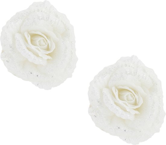 2x stuks decoratie bloemen roos wit glitter op clip 18 cm - Decoratiebloemen/kerstboomversiering/kerstversiering