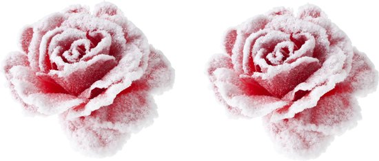 2x stuks decoratie bloemen roos roze met sneeuw op clip 15 cm - Decoratiebloemen/kerstboomversiering