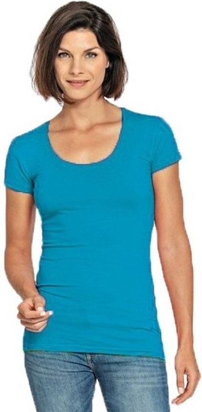 Bodyfit dames t-shirt turquoise met ronde hals - Dameskleding basic shirts L