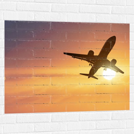 Muursticker - Silhouet van Passagiersvliegtuig Vliegend langs de Zon - 100x75 cm Foto op Muursticker
