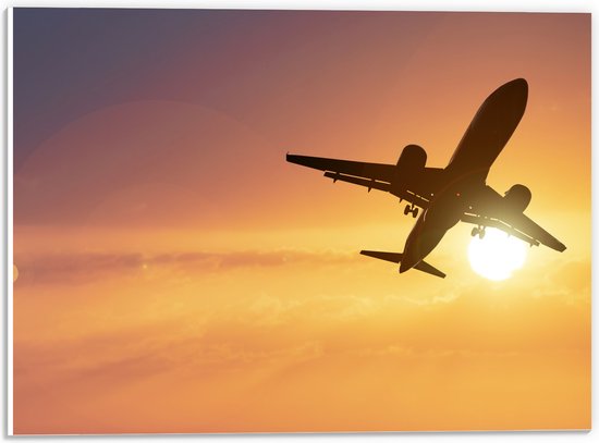 PVC Schuimplaat - Silhouet van Passagiersvliegtuig Vliegend langs de Zon - 40x30 cm Foto op PVC Schuimplaat (Met Ophangsysteem)