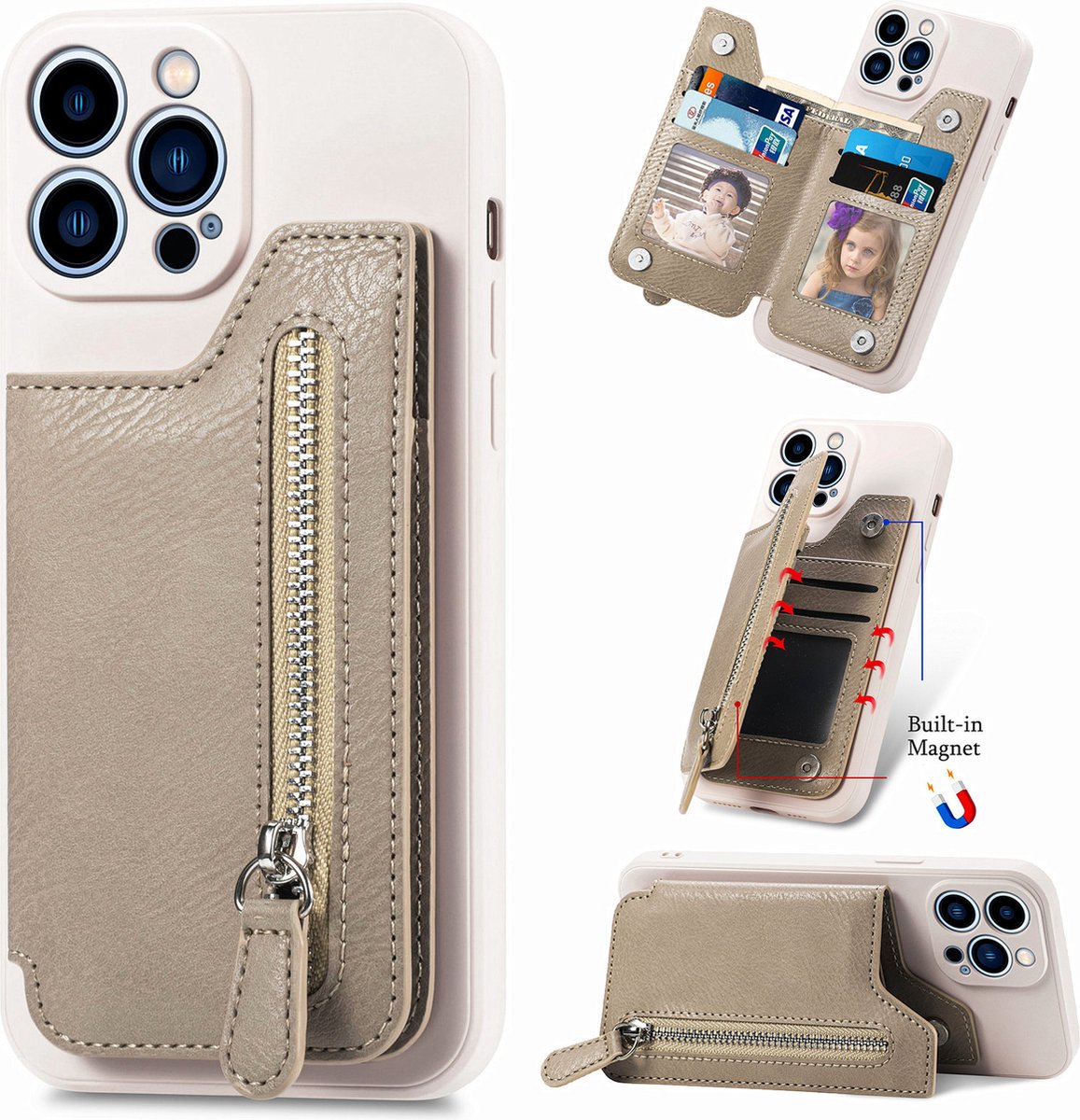 Luxe Hybride Rits Card&Cash Wallet Case + PMMA Screenprotector voor iPhone 14 Plus _ Beige