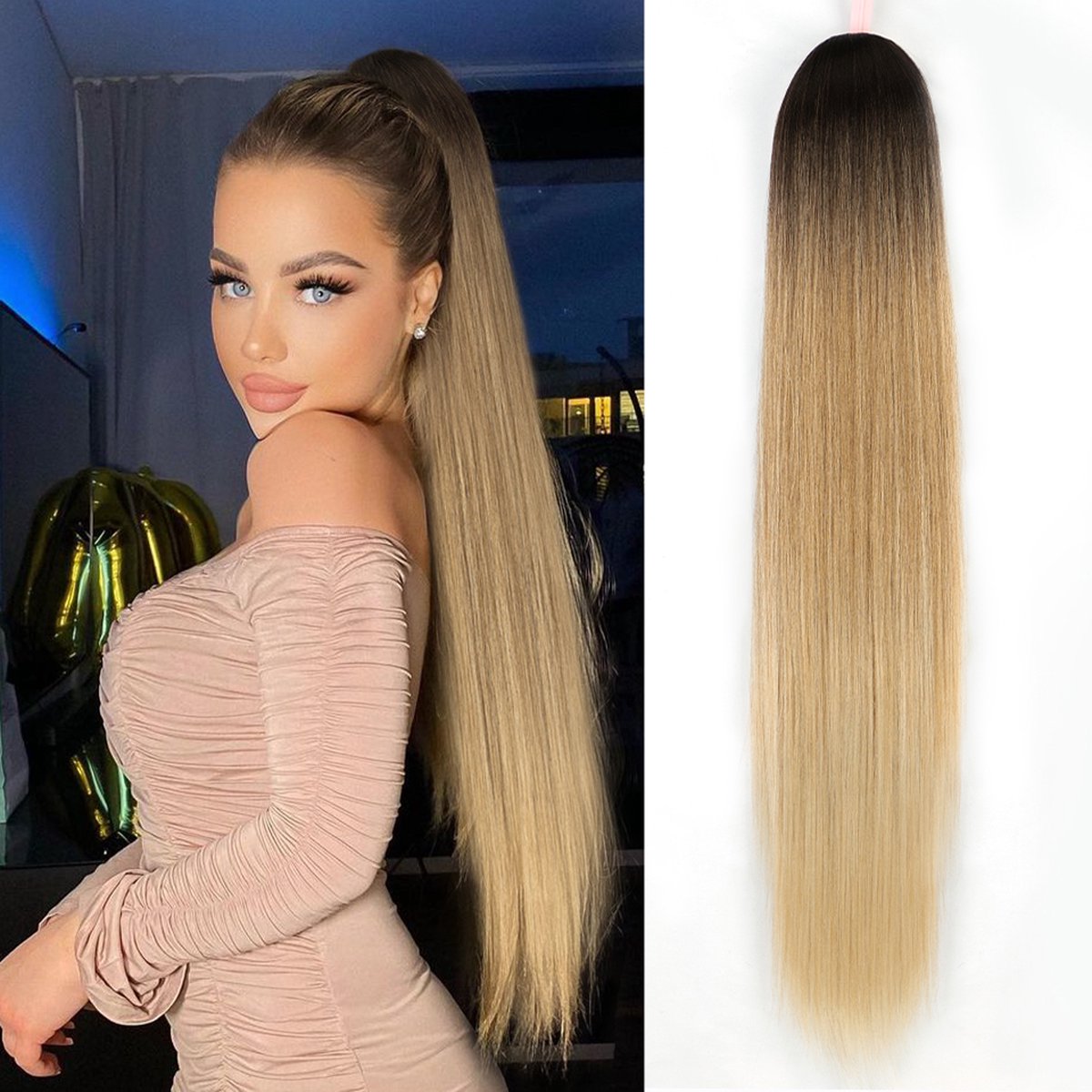 Miss Ponytails - Straight ponytail extentions - 26 inch - Blond / Zwart T4/126/613 - Hair extentions - Haarverlenging