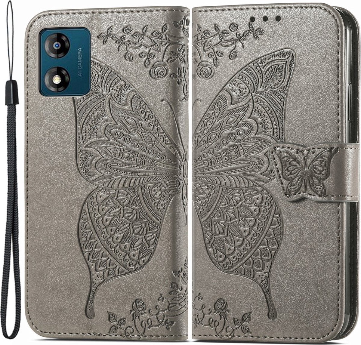 Coverup Hoesje - Geschikt voor Motorola Moto E13 Hoesje - Coverup Vlinder Book Case - Taupe Grijs