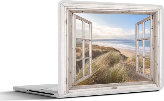 Foto: Laptop sticker 10 1 inch doorkijk strand zee duinen helmgras zand blauw 25x18cm laptopstickers laptop skin cover