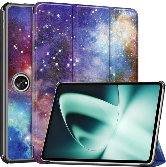 Étui de tablette à imprimé ciel étoilé, style livre triple plié ouvert, avec tablette.