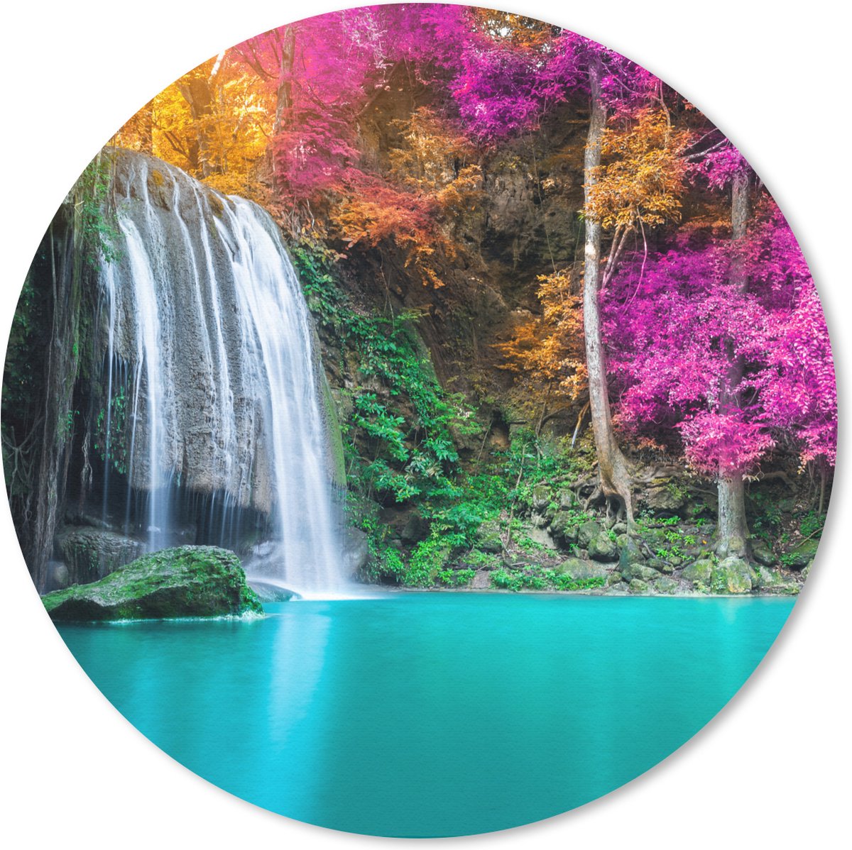 Muismat rond 40x40 cm - Mousepad Waterval - Bomen - Roze - Bruin - Natuur - Ronde muismatten