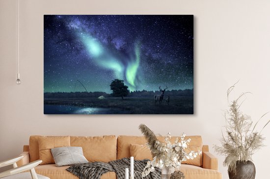 Peintures Toiles Aurores Boréales - Ciel Étoilé - Nuit - Cerf - 180x120 cm - Décoration murale XXL