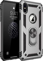 Apple iPhone X (Xs) Stevige Magnetische Anti shock ring back cover case- schokbestendig-TPU met stand Zilver + gratis screenprotector
