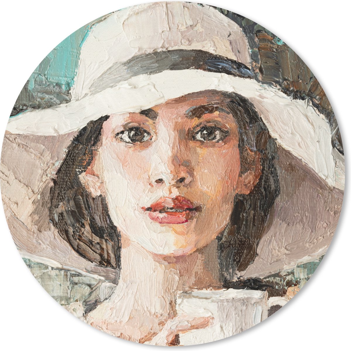 Muismat rond 30x30 cm - Mousepad Schilderij - Olieverf - Vrouw - Koffie - Hoed - Ronde muismatten