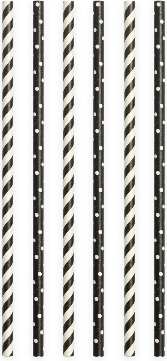 20 Papieren rietjes Streep / Stip Zwart - 6mm x 197mm