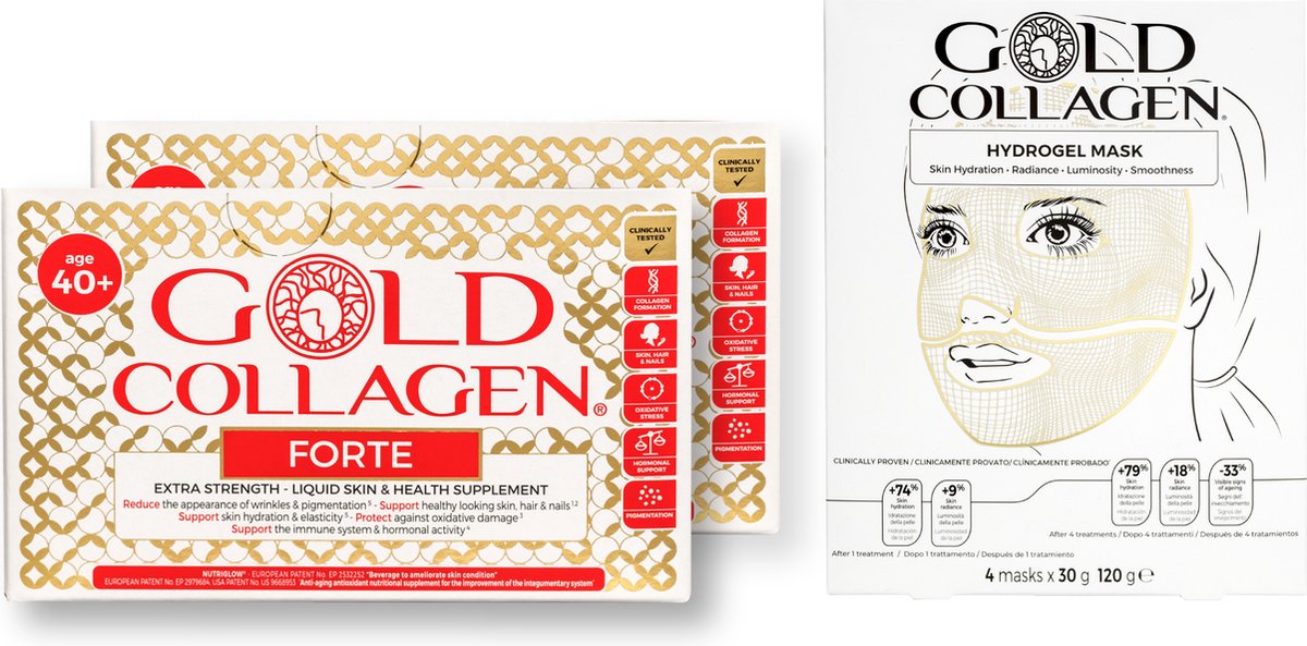 Gold Collagen Forte 40+ en GRATIS Hydrogel Mask : Maandkuur (3 dozen x 10 flesjes x 50ml) + 1 doos Hydrogel Mask (4 maskers) GRATIS