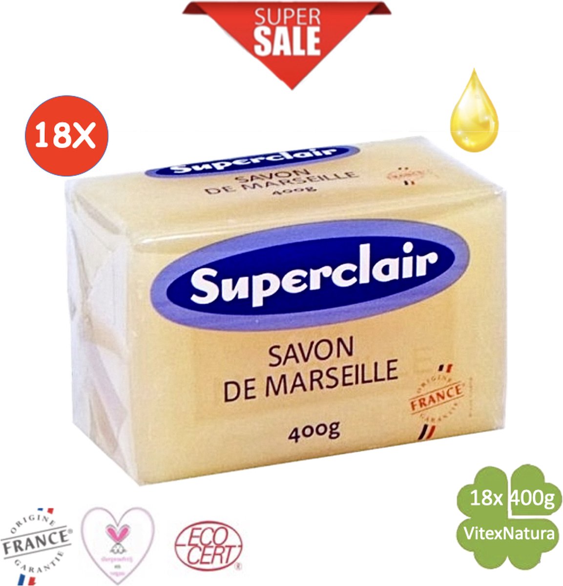 Goedkoopste Zeepblok 18x400g | Savon De Marseille met Glycerine zonder parfum | Superclair