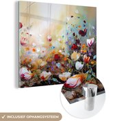 Glasschilderij bloemen - Kunst - Natuur - Oil painting - Foto op glas - Kamer decoratie - Schilderij glas - Schilderijen woonkamer - 90x90 cm - Glasplaat - Wanddecoratie - Muurdecoratie - Slaapkamer