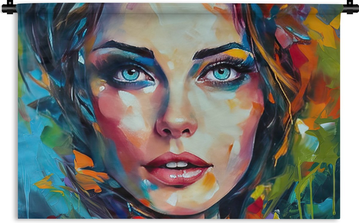 Wandkleed - Wanddoek - Gezicht - Vrouw - Olieverf - Kleurrijk - Kunst - 180x120 cm - Wandtapijt