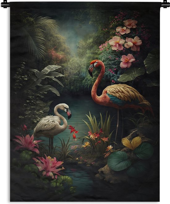 Wandkleed - Wanddoek - Flamingo - Bloemen - Jungle - Vogels - Natuur - 60x80 cm - Wandtapijt