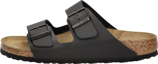 Zwarte Birkenstock Arizona slipper met twee banden en gespen, profielzool.