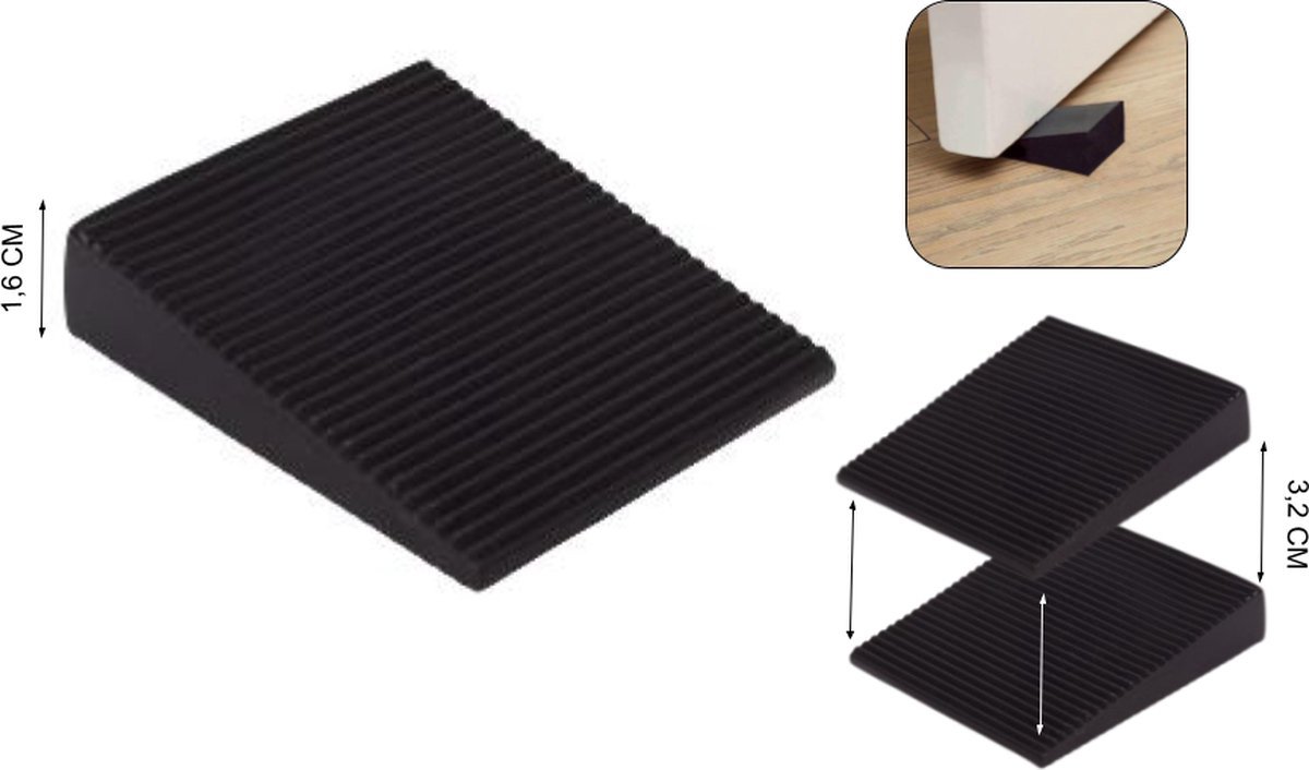 PD® - 2x Deurstopper - Deurwig - 1.6cm - Stapelbaar naar 3.2cm/4.8cm - Deurstopper Zwart Rubber - Rubber Deurstop