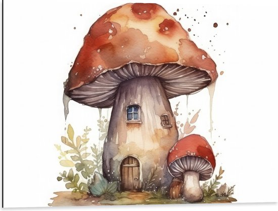 Dibond - Waterverf Tekening van Paddenstoelen Huisje - 80x60 cm Foto op Aluminium (Wanddecoratie van metaal)