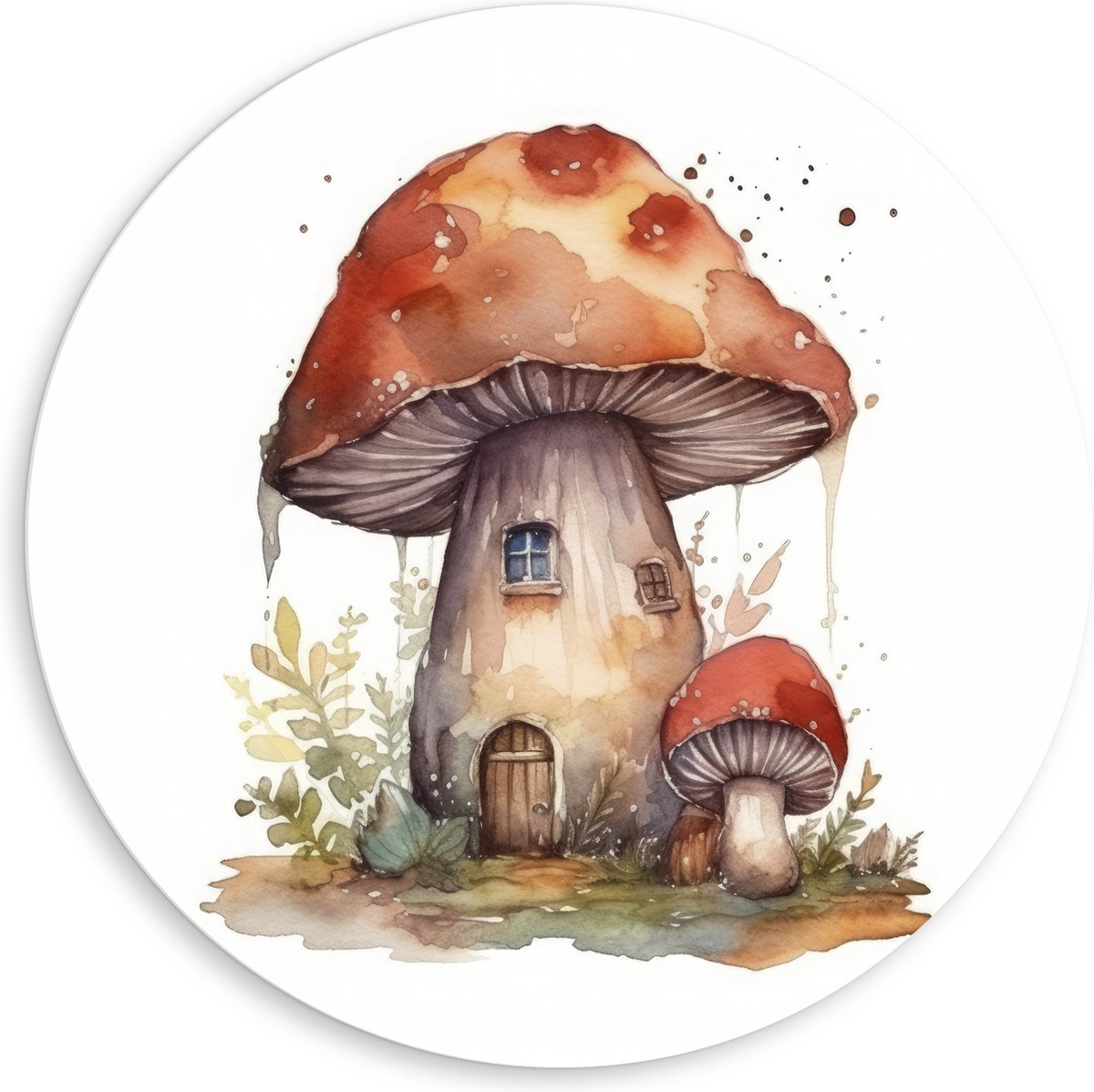 PVC Schuimplaat Muurcirkel - Waterverf Tekening van Paddenstoelen Huisje - 80x80 cm Foto op Muurcirkel (met ophangsysteem)