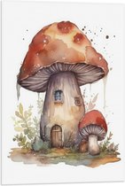 Vlag - Waterverf Tekening van Paddenstoelen Huisje - 50x75 cm Foto op Polyester Vlag