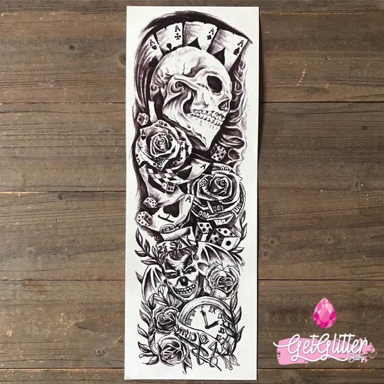 GetGlitterBaby® - Stick On Tattoo Sleeve / Tatouages ​​temporaires / Faux tatouage - Crâne / Crâne / Tête de mort