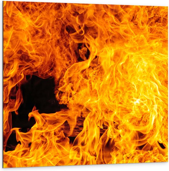 Dibond - Vuur - Brand - Geel - Oranje - 100x100 cm Foto op Aluminium (Wanddecoratie van metaal)
