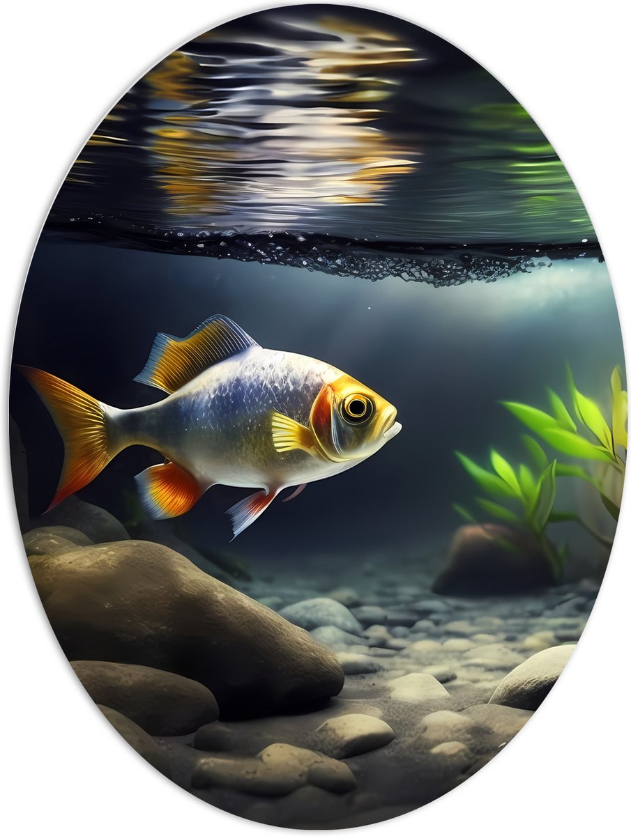 PVC Schuimplaat Ovaal - Zilver met Oranjekleurige Vis Zwemmend in Aquarium - 60x80 cm Foto op Ovaal (Met Ophangsysteem)