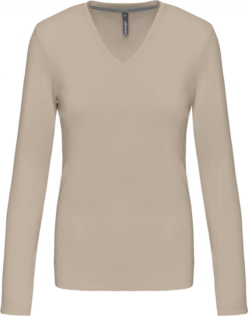Kariban Dames t-shirt V-hals lange mouwen K382 - Light Sand - S