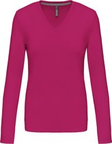 T-shirt Dames S Kariban V-hals Lange mouw Fuchsia 100% Katoen