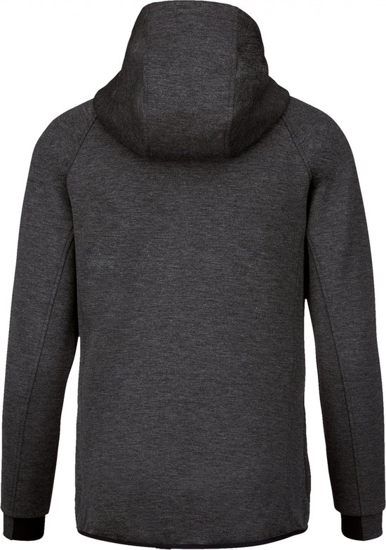 Donkergrijs gemêleerde hoodie, van achteren gezien. De jas heeft een capuchon en lange mouwen.