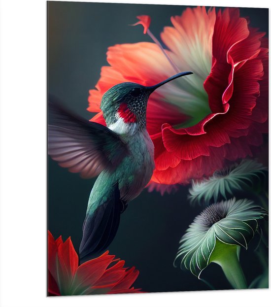 Dibond - Close-up van Kolibrie Vliegend bij Rode Bloeiende Bloemen - 75x100 cm Foto op Aluminium (Met Ophangsysteem)