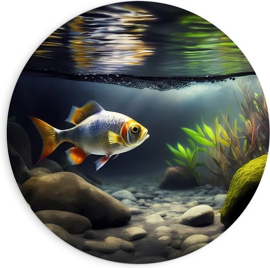 PVC Schuimplaat Muurcirkel - Zilver met Oranjekleurige Vis Zwemmend in Aquarium - 90x90 cm Foto op Muurcirkel (met ophangsysteem)