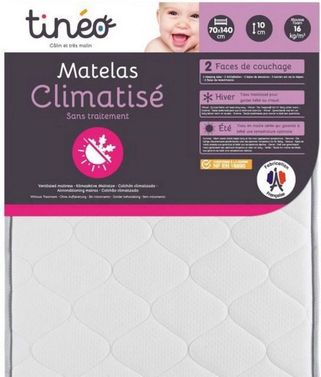 TINÉO - Matras met airconditioning 70 x 140 x 10 cm - Babymatras - Airconditioning - 1 kant Zomer - 1 kant Winter - Zonder behandeling - Dichtheid 20 kg/m³ - Gemaakt in Frankrijk