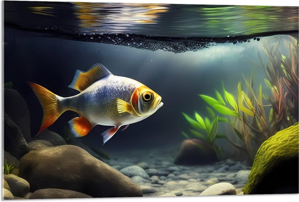 Acrylglas - Zilver met Oranjekleurige Vis Zwemmend in Aquarium - 90x60 cm Foto op Acrylglas (Met Ophangsysteem)