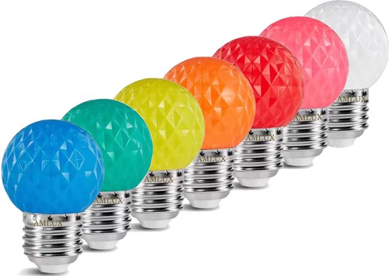 Set 10 gekleurde golfbal LED lampen - 6 kleuren - 1W - E27