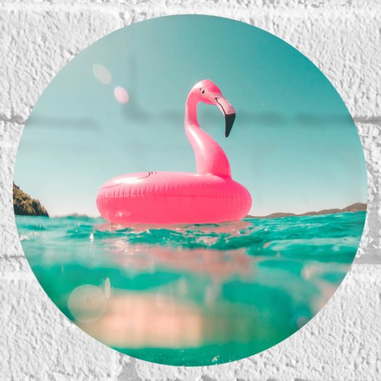 Muursticker Cirkel - Water - Blauw - Flamingo - Roze - 20x20 cm Foto op Muursticker
