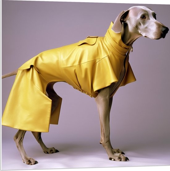 PVC Schuimplaat- Zijaanzicht van Duitse Dog Hond in Gele Regenjas - 80x80 cm Foto op PVC Schuimplaat