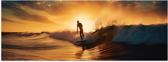 Poster Glanzend – Surfer in Actie tijdens Zonsondergang - 60x20 cm Foto op Posterpapier met Glanzende Afwerking