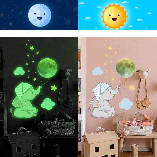 Stickerkamer Glow In The Dark Muursticker Olifant Sterren En Maan Kinderkamer Bol Com