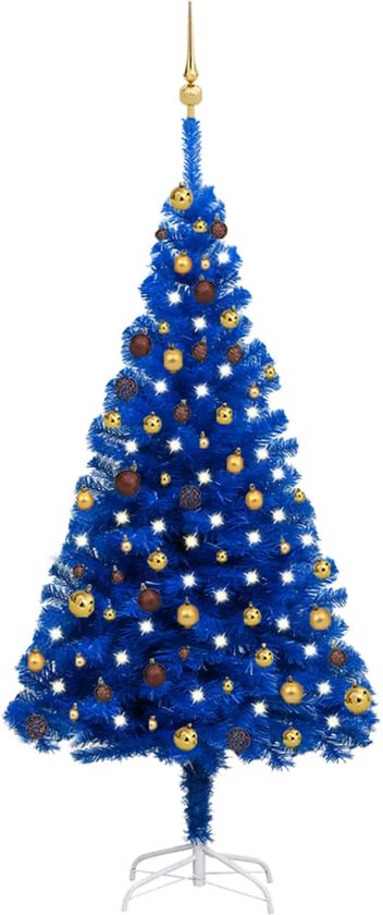 vidaXL - Kunstkerstboom - met - verlichting - en - kerstballen - 180 - cm - PVC - blauw