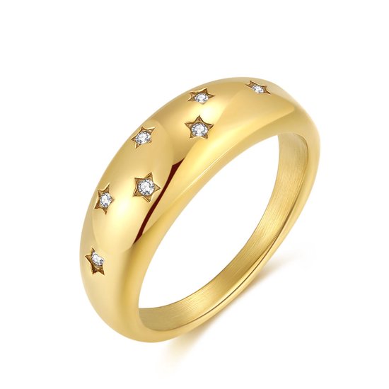 Twice As Nice Ring in goudkleurig edelstaal, bol, kristallen sterretjes. 56